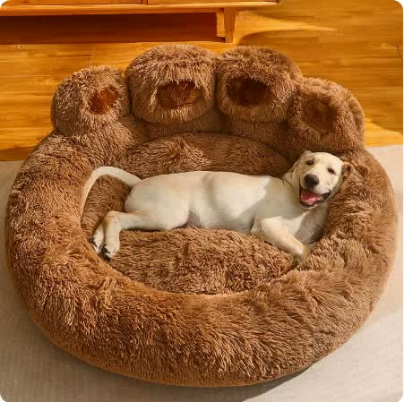 Diameter 90cm Brown  Dog Bed with Paw Design -  for Medium to Large Dogs