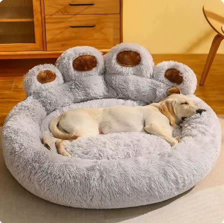 Diameter 90cm Light Blue Plush Dog Bed with Paw Design - for Medium to Large Dogs